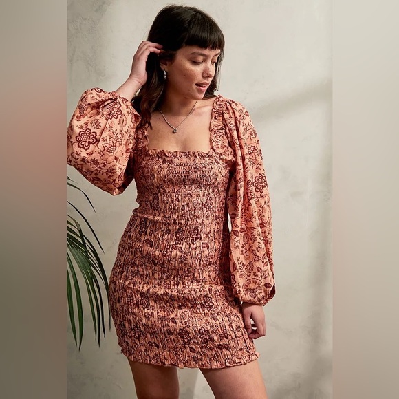 𝓯𝓹 Free People ~ Smock it to Me Mini in Apricot Combo - Picture 2 of 12